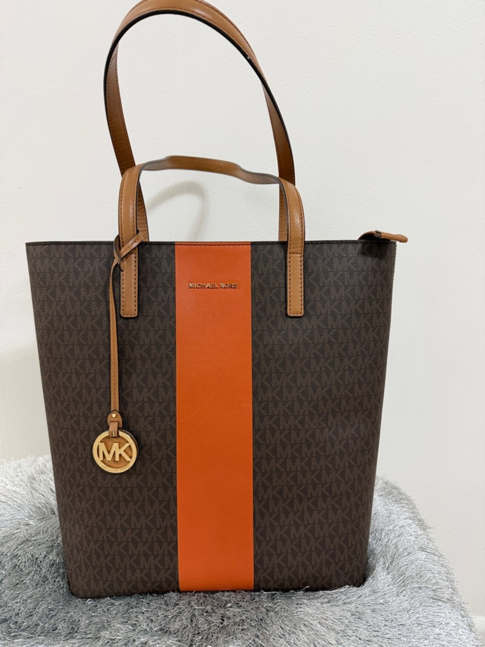 Michael Kors Brown and Orange Monogram Vertical Stripe Tote
